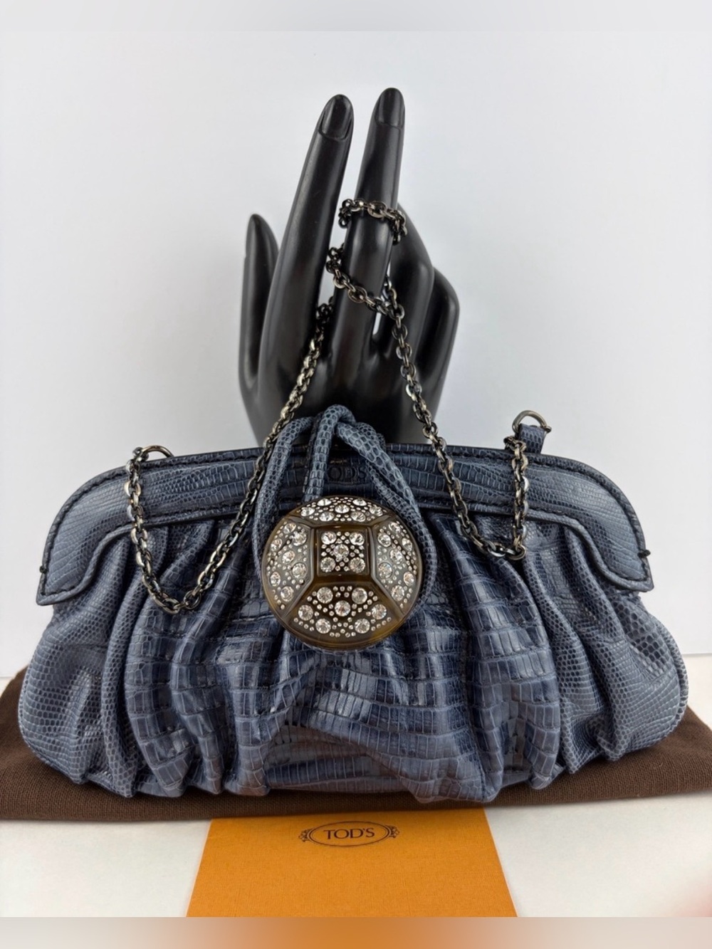 Vintage Authentic Tod's ‘Marlene’ Swarovski Crystal Clutch ~ in Blue Lizard🦎